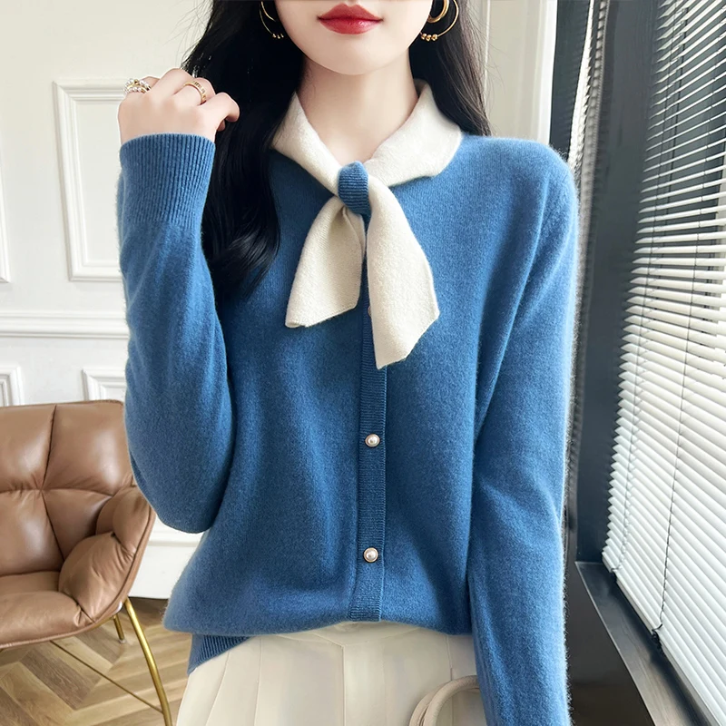 Spring Autumn New Women\'s Clothing 100% Wool Knitted Hoodie Casual Fashion Bow Collar Tops Long Sleeve Loose Bottom Shirt Solid