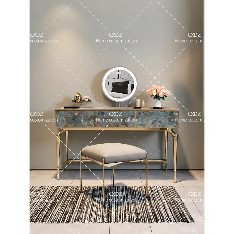 Light Luxury Entrance Cabinet with Natural Agate Top High End Metal Console Table for Villa Entryway Living Room Decorative