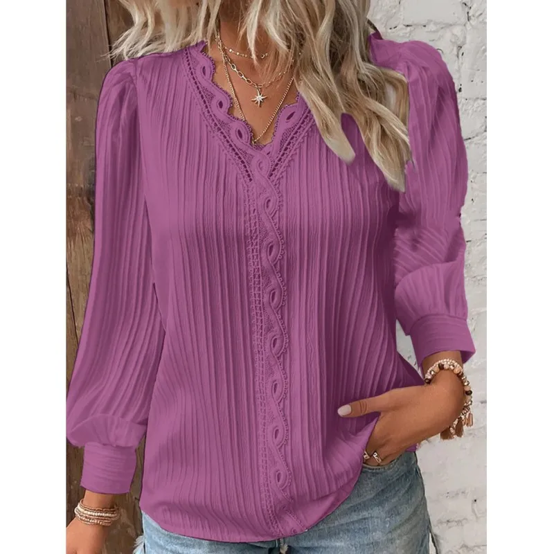 2024 Spring Long Sleeved V-neck Lace Patchwork Shirt For Women Casual Solid Color Pullover Blouse Office Cloting Femme Blusas