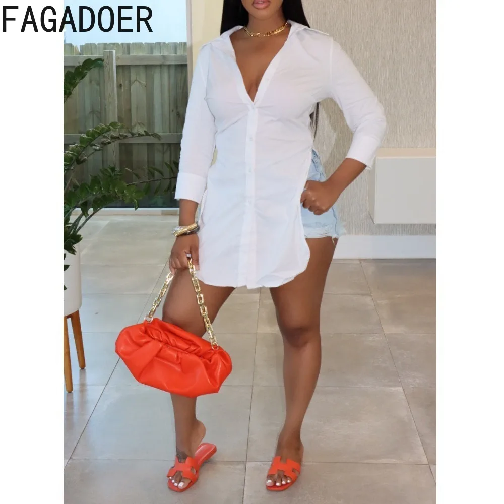 

FAGADOER Elegant Lady Long Shirt Top Women V-neck Collar Button Long Sleeve Slim Blouse Side Slit Fashion Female Clothes