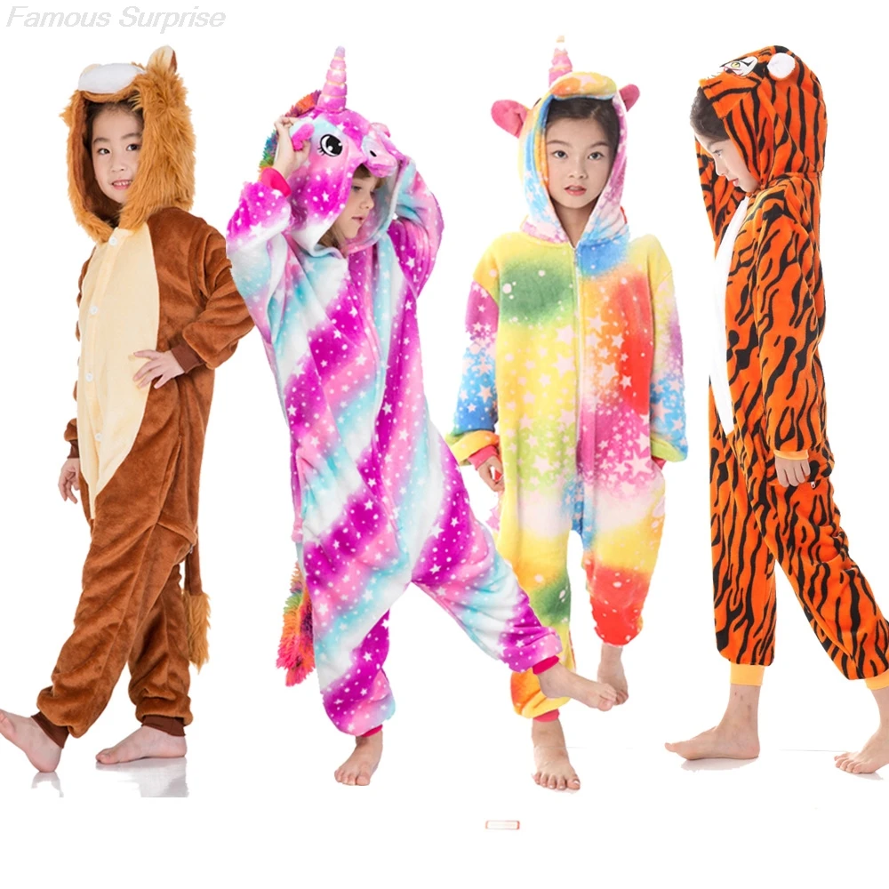 Unicorn Onesie Pajamas for Kids Pajama Jumpsuit Kigurumi Boy Pyjamas Girls Pijama Winter Flannel Lion Tiger Cute Animal Overalls