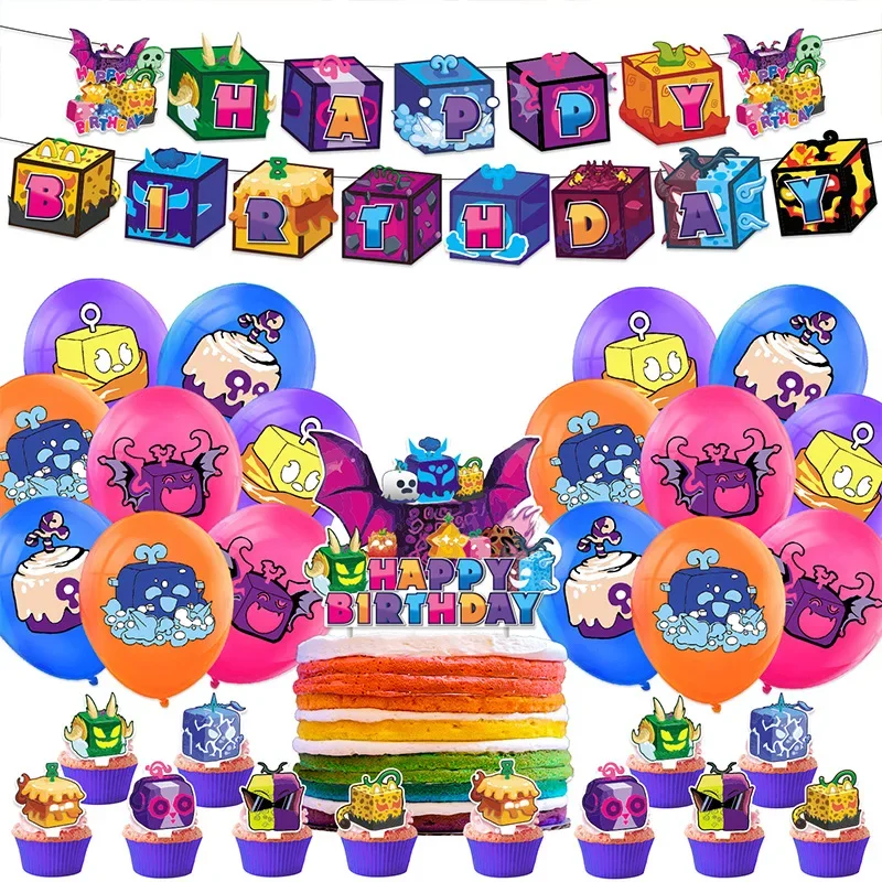 Suministro de fiesta de cumpleaños de frutas de sangre, pancarta desechable, adorno para tarta, bandera colgante, juego de globos de frutas de sangre, decoración de pastel de cumpleaños