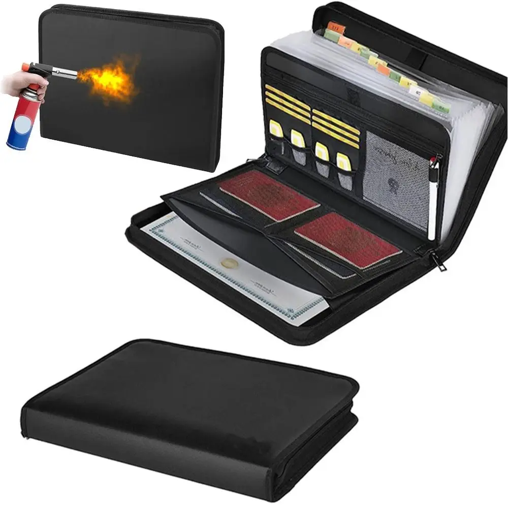 Fireproof Expanding File Folder Waterproof Zipper Closure Document Bag with Labels Portable Space Saving A4 Files Briefcase