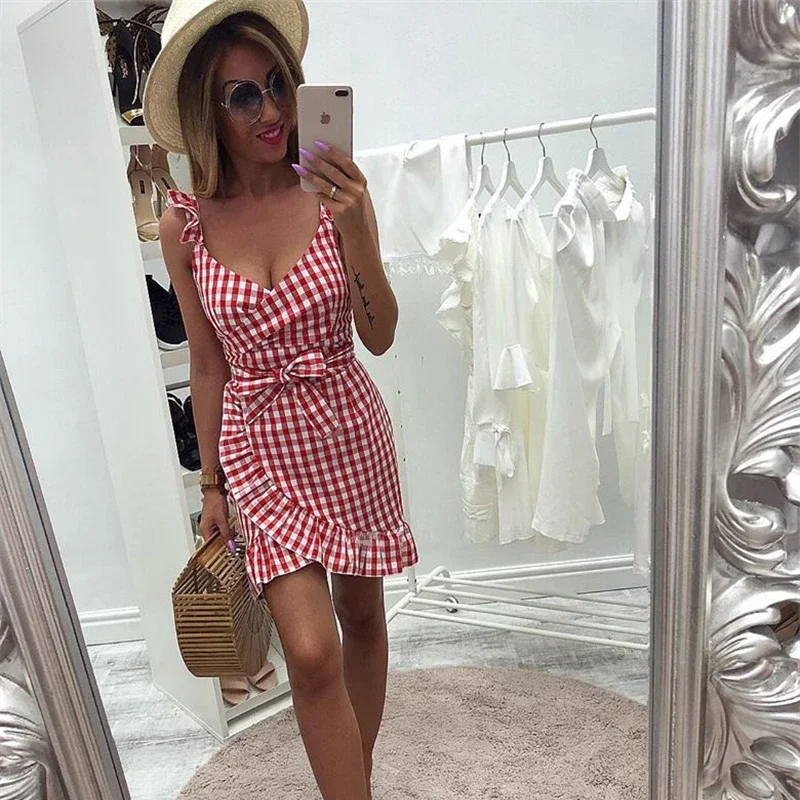 

Sexy Summer Dress Plaid Women Dress Boho Red Dresses For Women Spaghetti Strap Backless Beach Summer Dress -Q10