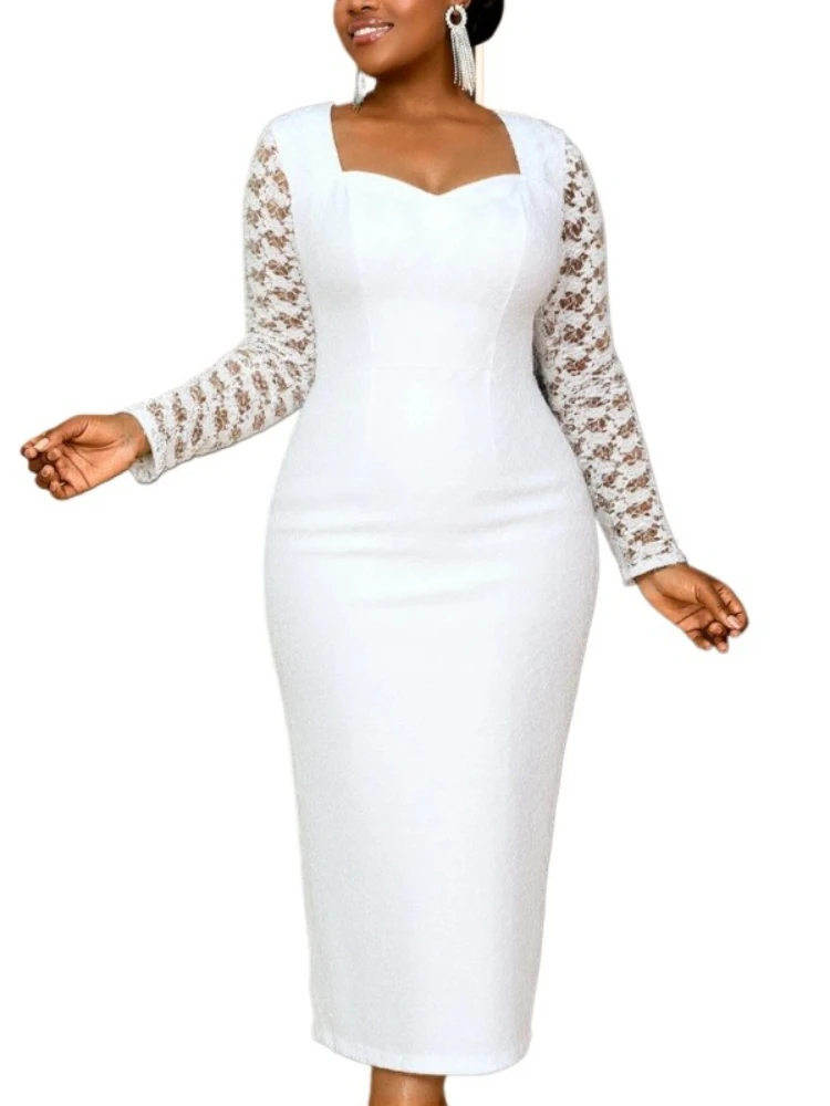 

Autumn Winter Lace Long Sleeve Midi Dress Women Sweetheart Neck Bodycon Elegant Perfect for Cocktail Dinner Formal Party Gown