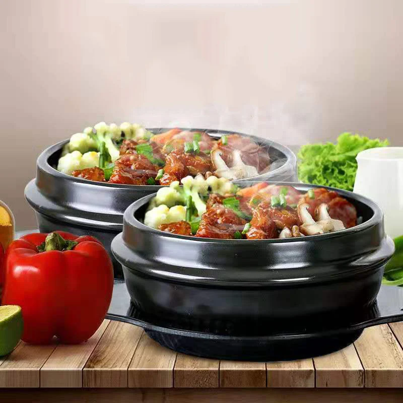 

2022 New 16cm Black Classic Korean Stone Pot Cuisine Sets Ceramic Stone Bowl Pot For Bibimbap Ceramic Soup Ramen Rice Bowls