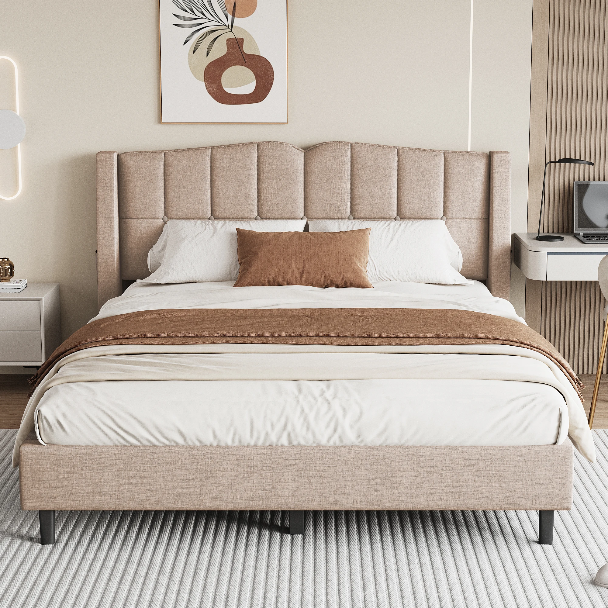 Cusp bed in dark beige 140x200 cm, bed with slatted frame, headboard with button design, minimalist linen design