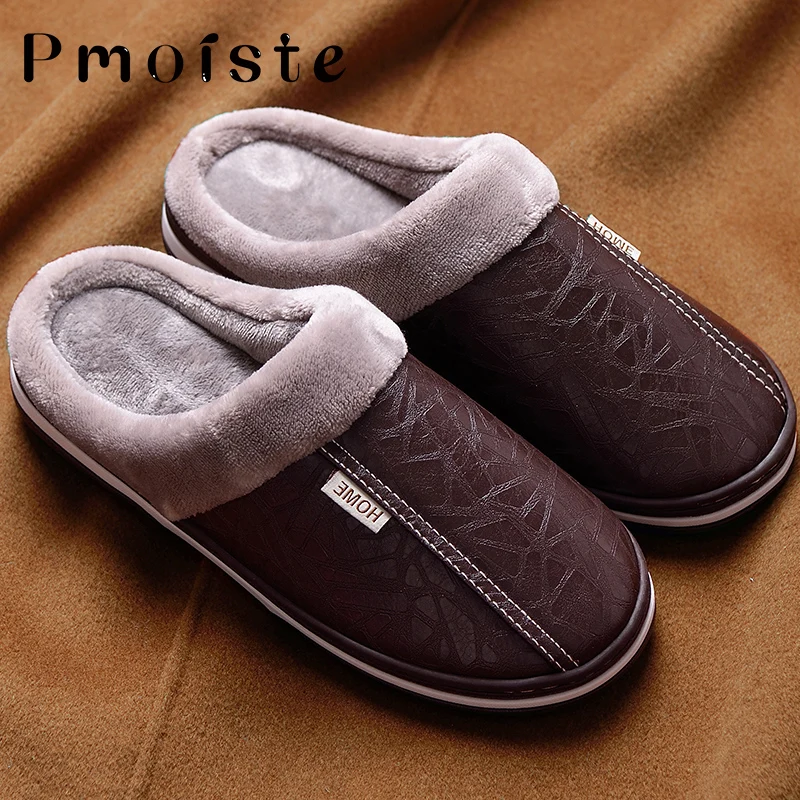 Zapatillas de casa de invierno para hombre, pantuflas de espuma viscoelástica con piel sintética, impermeables, para interiores, talla grande 51