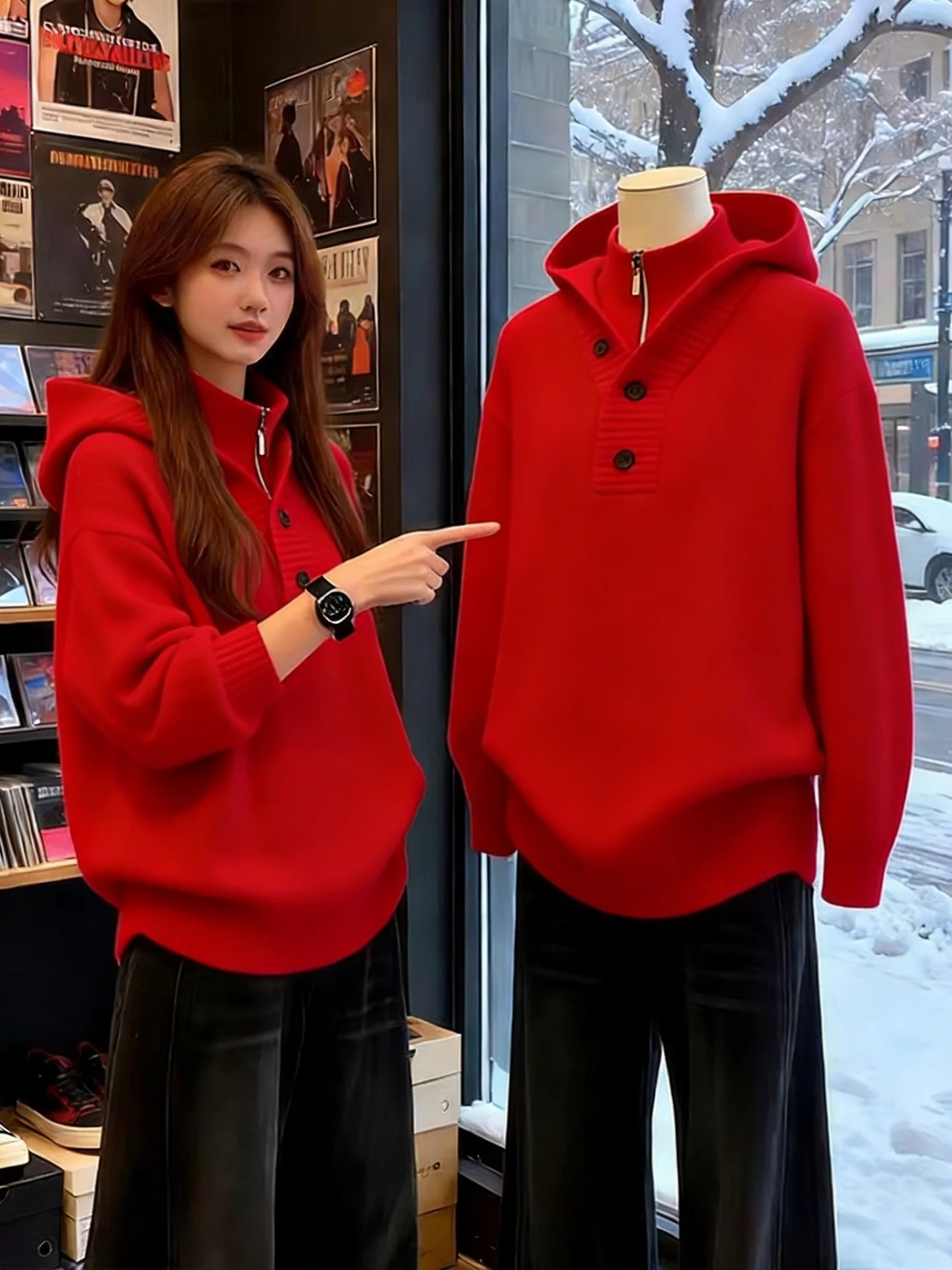 

Red High Collar Thiened Knitted Sweater Hooded Lazy Sle Loose Fit Year of Birth Outerwear for Men Winter Casual Sle