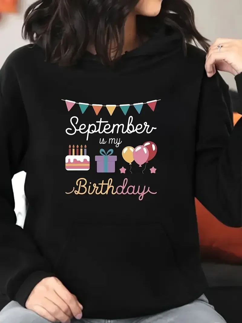 

Женская толстовка больших размеров, сентябрь — мой день рождения, красочный принт, повседневная, с длинным рукавом, на шнурке и карманом-кенгуру, полиэстер