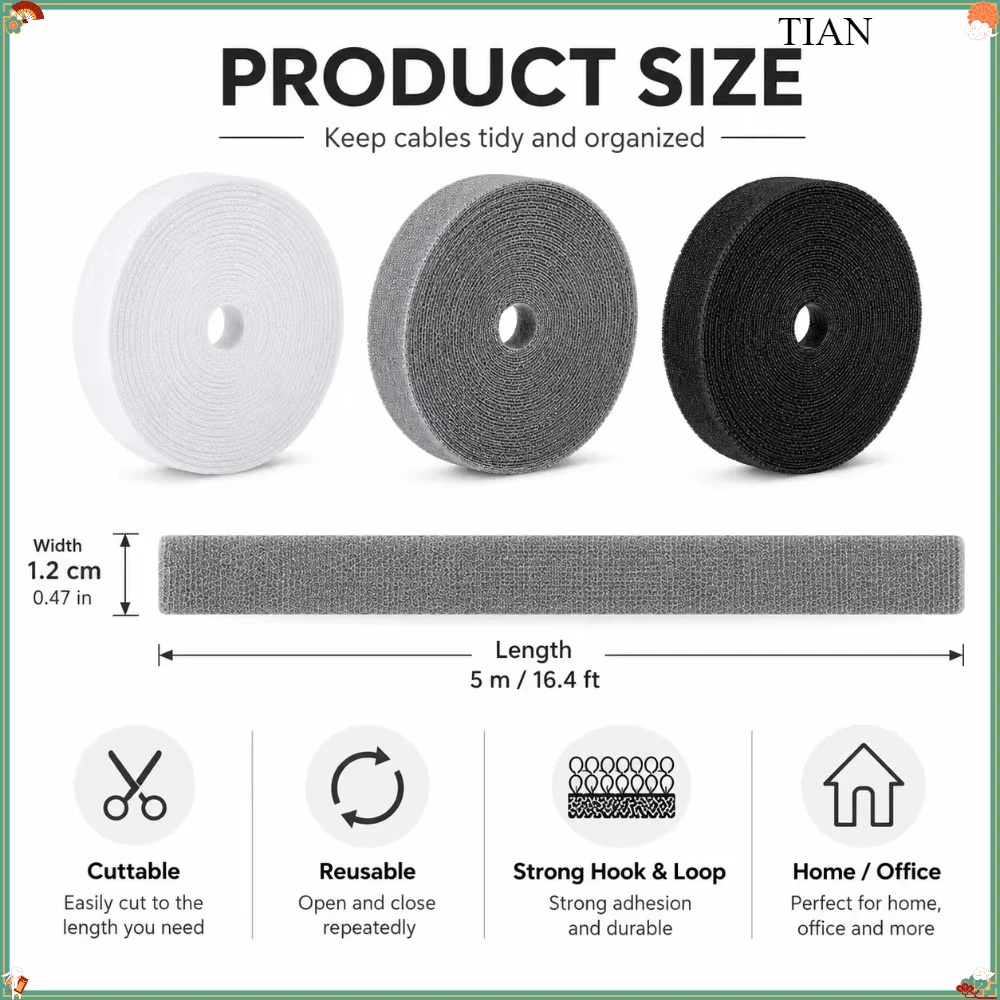 1PC Reusable Cable Tie Roll Cut to Length Hook and Loop Cord Organizer for USB Charger Earphone Computer Desk Wire Management