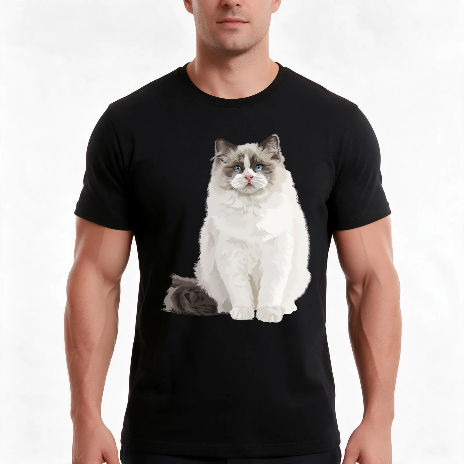 White cute ragdoll cat T-Shirt, Summer Casual Cotton Tee, Oversized Streetwear Tops, Vintage Graphic Print, Unisex Men Women