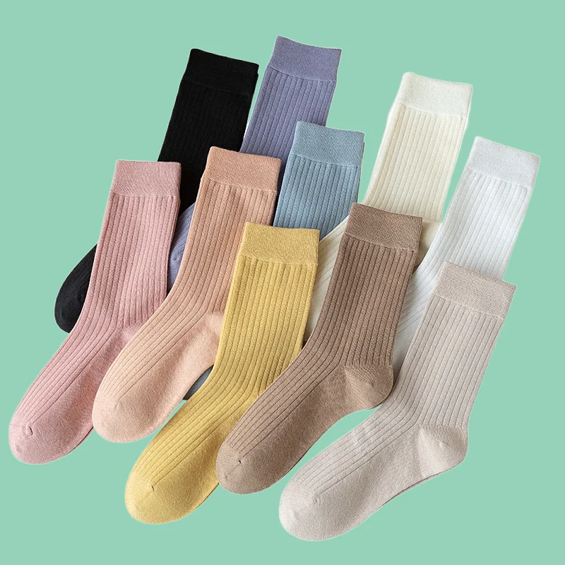 Chaussettes mi-longues en coton pour femmes, chaussettes décontractées, anti-odeur, qualité supérieure, tendance, document solide, printemps, automne, 5/10 paires