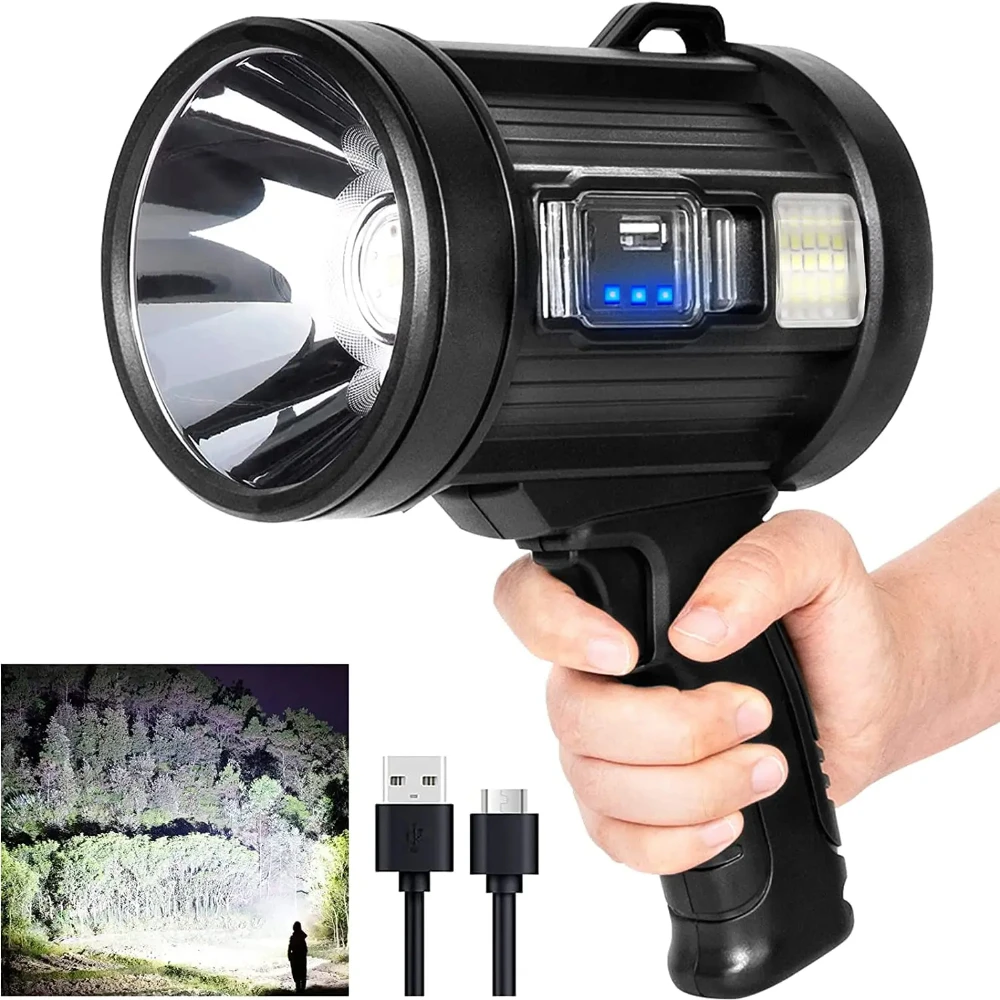 

2025Rechargeable Spotlight 1000000Lumens Handheld Hunting Flashlight Led Spot light with Cob Light and Solar Panels for Camping