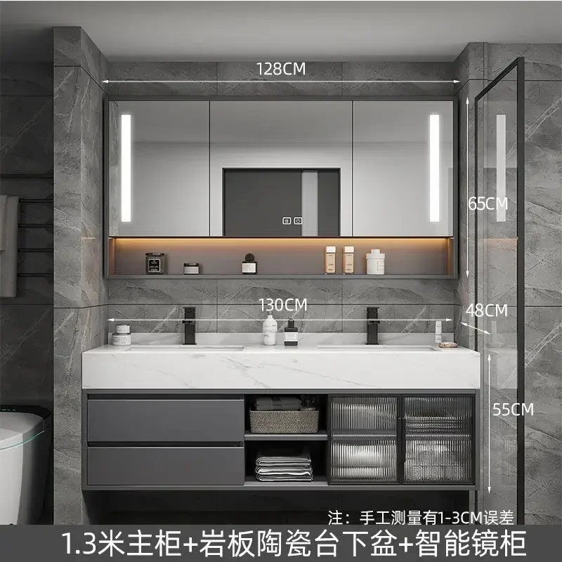 Luxury Bathroom Mirror Cabinet Double Basin Slate Integrated Ceramic Washbasin Bathroom Cabinet Bathroom Furniture