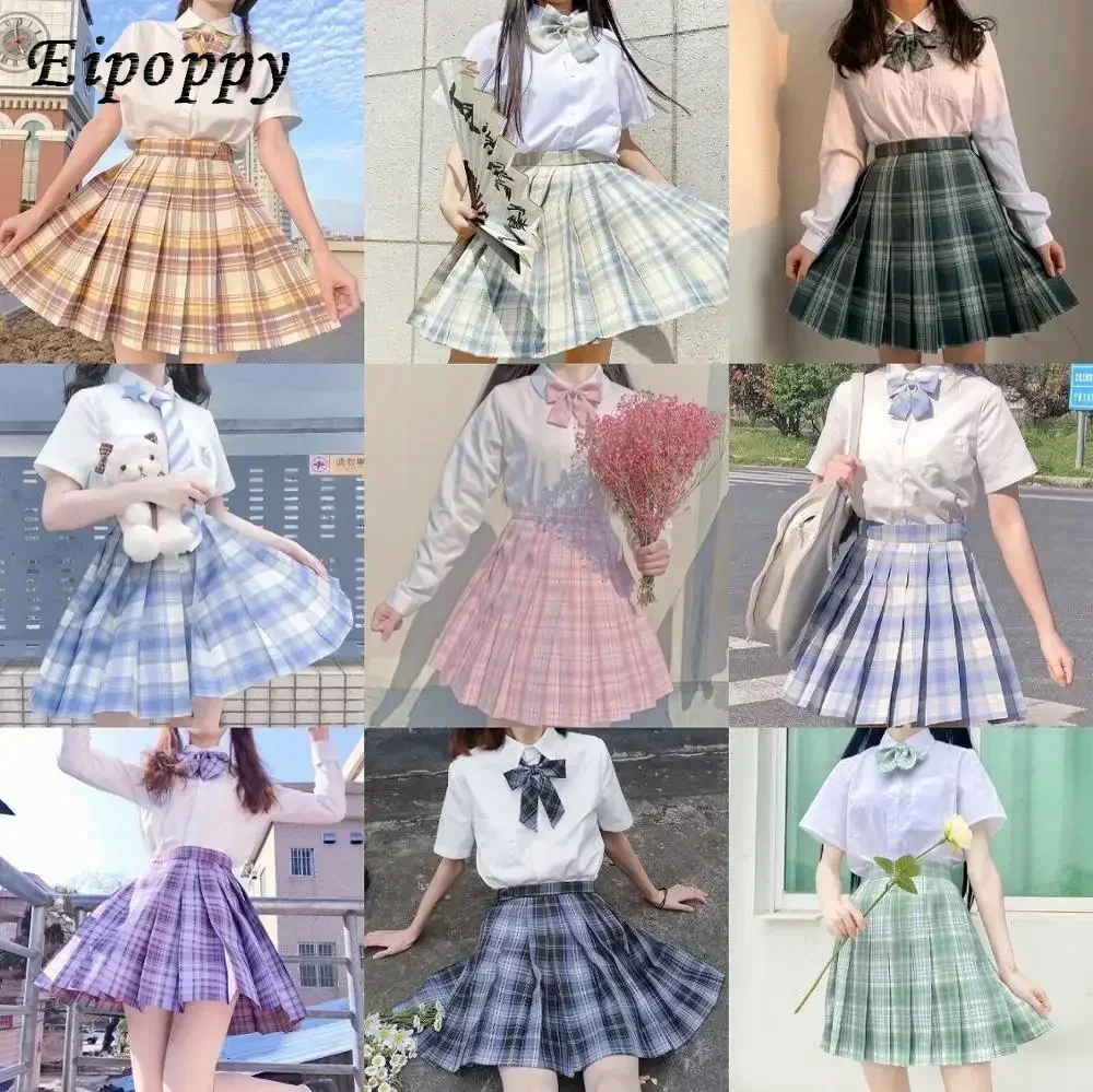 Japanese School Korean School Girls Uniform Pleated Skirts Uniform High Waist A-Line Plaid Skirt Sexy JK Uniforms Woman Full set