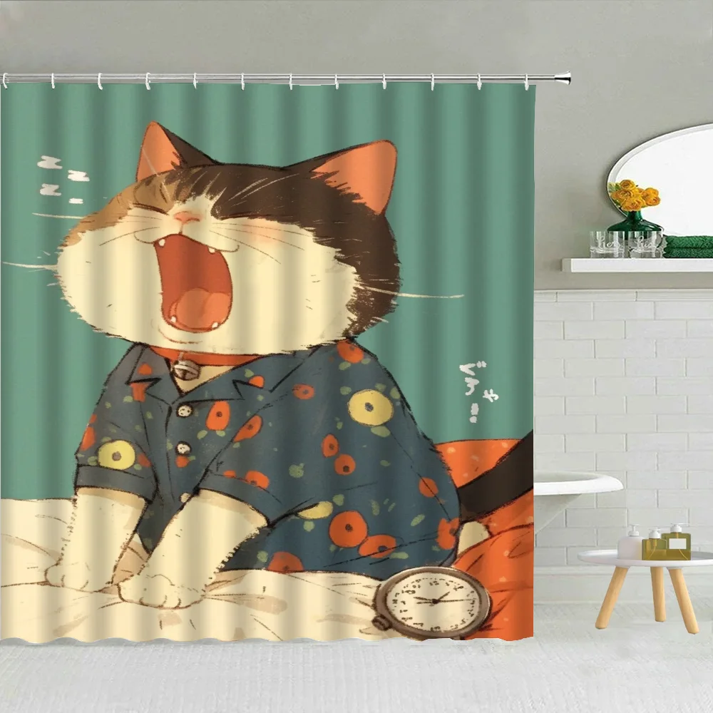 Sleeping Cat Curtains for Bedrooms Bath Curtain Bathroom Accessories Set Folding Partition Shower Houses Rooms Quarto Waterproof