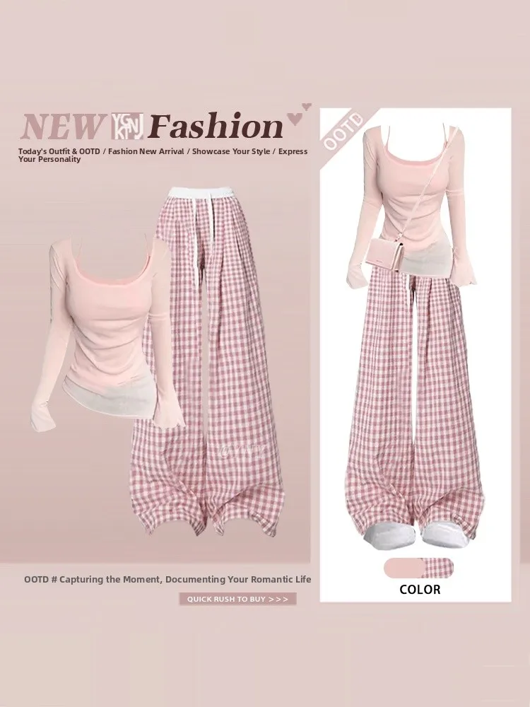 

Sweet Style Pink Long Sleeve T-Shirt Plaid Wide Leg Pants Women's Summer Two Piece Set Gentle Ageless Whole Set Fashionable