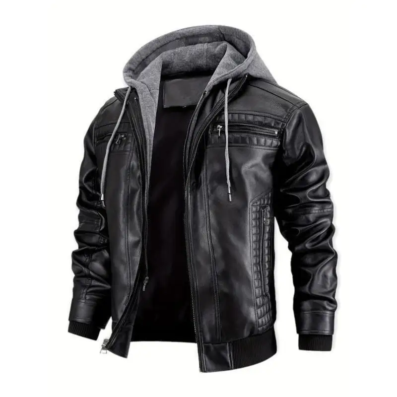 

Men's Jaet with Zipper ket Cross-Border New Sle Leather Coat V-Ne ort Length Seven-Sve for Middle-Aged And ly