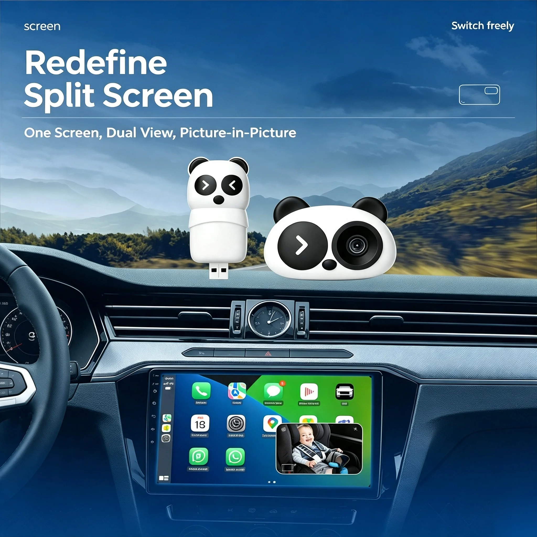 Wireless Carplay Android Auto Adapter with 2K Dash Cam, 2560*1400 H.265 Rear View Camera, Night Vision 120° Wide Angle Recording