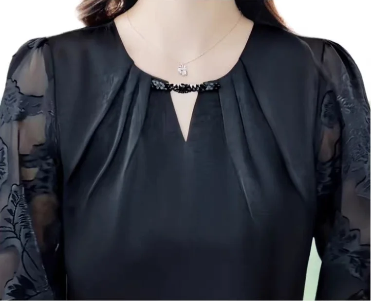 Elegant Korean Popular Clothes Chiffon Shirt Seven Sleeve Minimally Designed Commuter Jacquard O-Neck Women's Loose Shirt Top