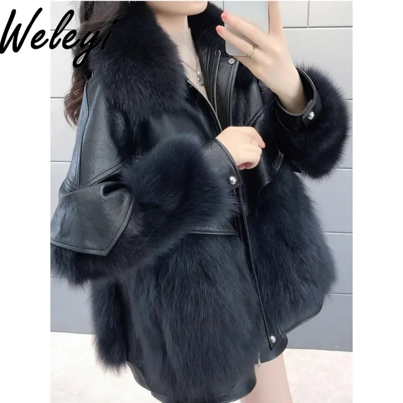 

Warm Furry Coat Female Winter Clothes 2024 New Korean Style Women's PU Leather Imitation Fox Furry Mid-length Thickened Coats