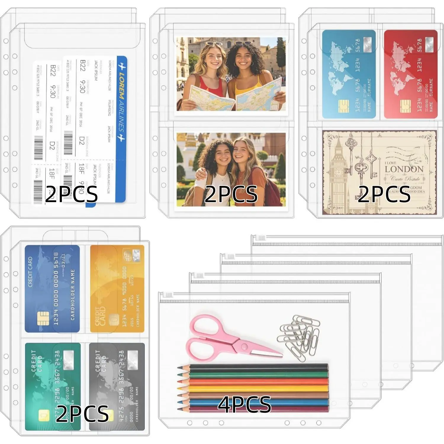 12PCS A5 Binder Pockets 6 Hole for Planner for 6 Ring Binder Waterproof Money Organizer Cash Inserts Card Sleeves Photo Holders