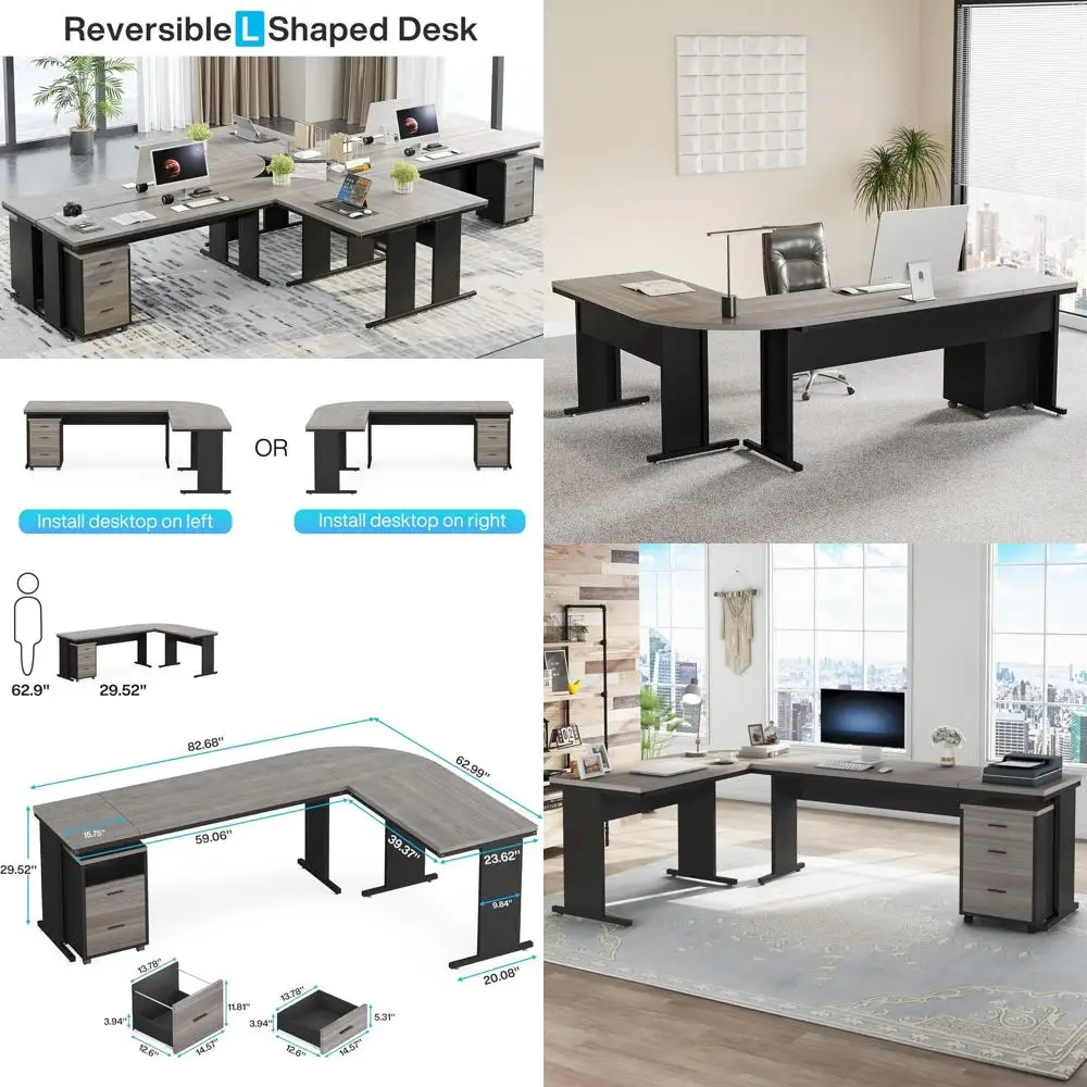 

83-дюймовый офисный стол L-образной формы с тумбой для хранения, компьютерная рабочая станция в индустриальном стиле для бизнеса или дома (серый)