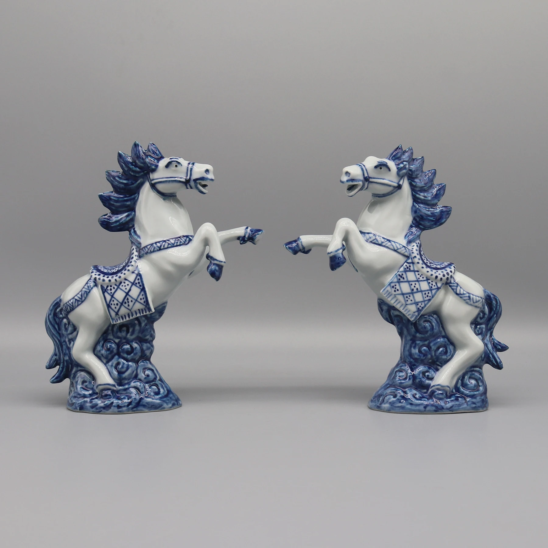 Set of 2 Porcelain Horse Statuettes, Blue and White Figurines, Home Decoration