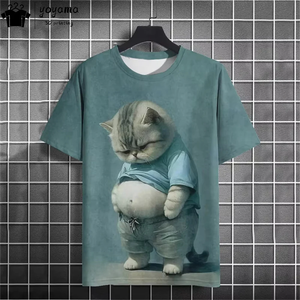Funny Fat Cat Graphic T shirts Street Fashion Short Sleeve Tee Animal Print T shirt Men Casual Oversiezd T-shirt Mens Clothing