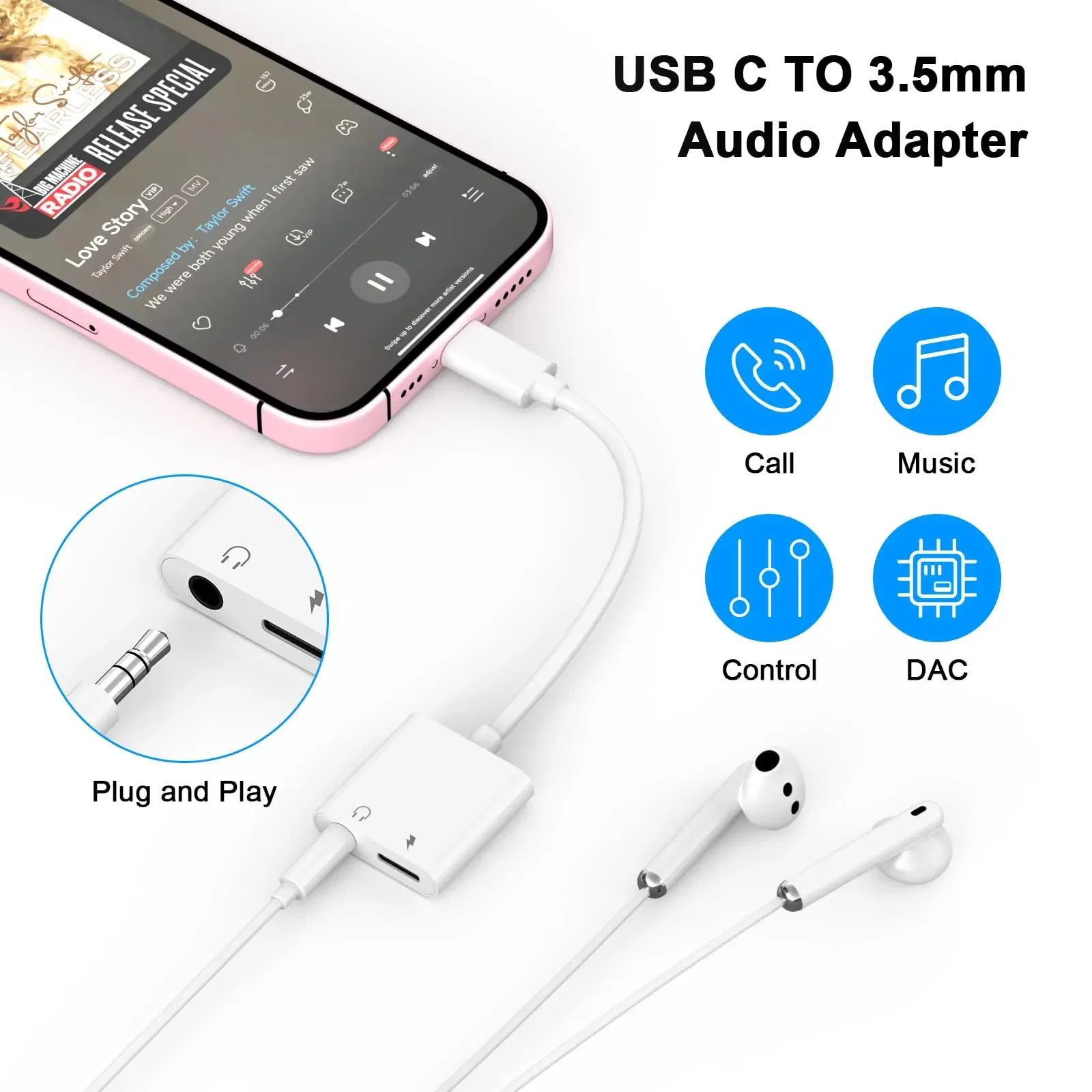 2 In 1 Type C to 3.5 MM Headphone Adaptador for iPhone 15 Pro Max  For Samsung S20 S21 Ultra Note 20 Plus Digital Audio Adapter