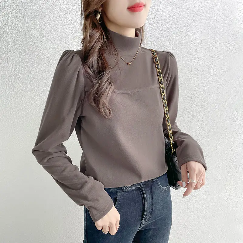 Women\'s Autumn Winter Pullover Turtleneck Solid Shirring Puff Long Sleeve Undershirt T-shirt Fashion Casual Office Lady Tops