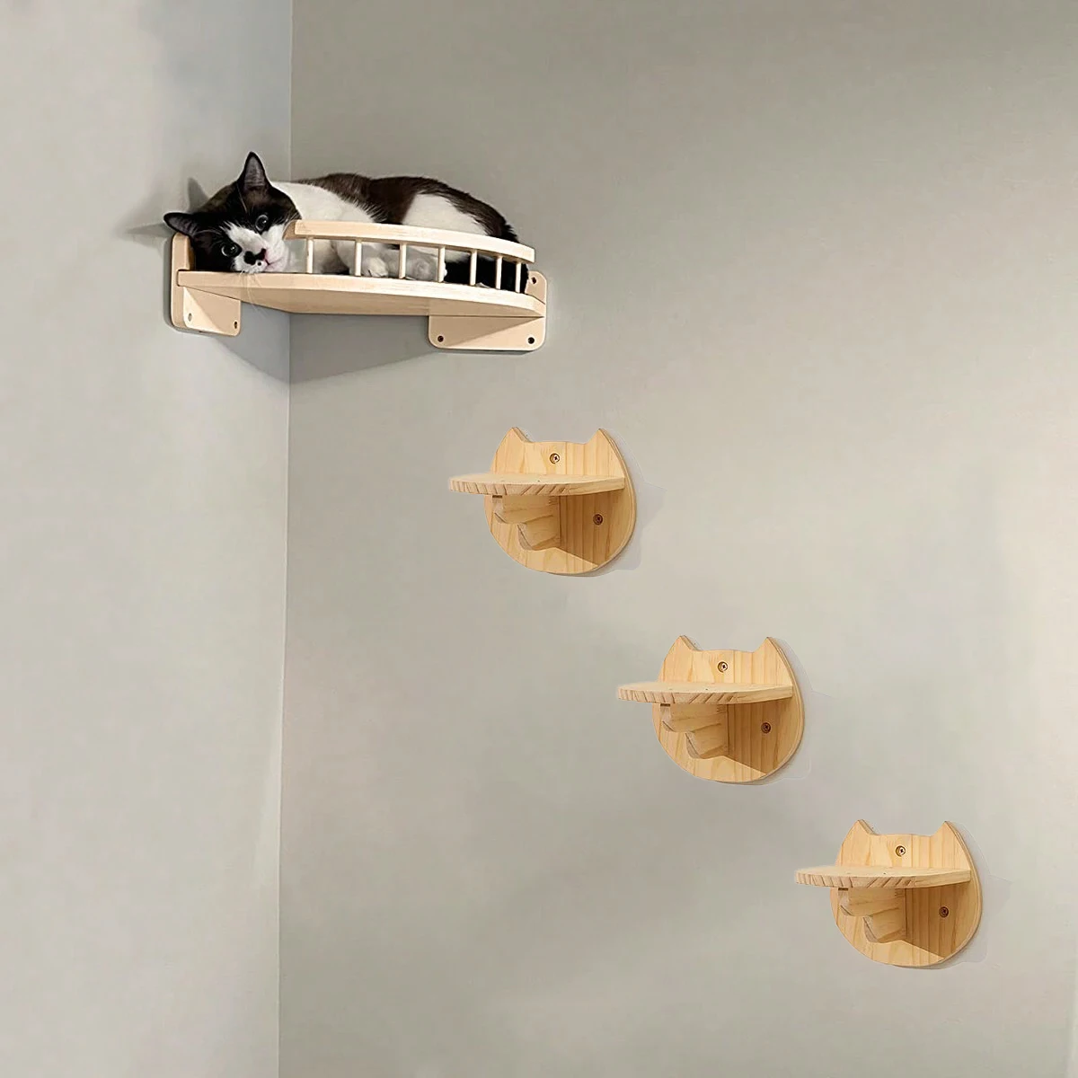 3/4Pcs Corner Hammock with Steps Set Wall Mounted Cat Tree Climbing Shelf For Indoor Cats Wooden Hanging Sleeping Bed Furniture