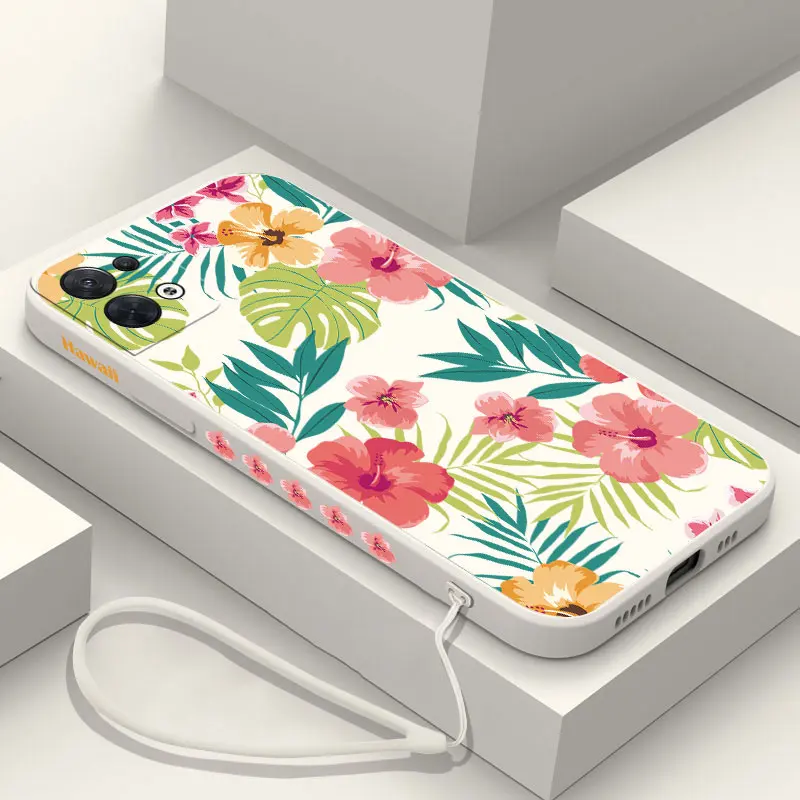 Hawaii Hibiscus Flower Phone Case For OPPO Reno 3 4 8 8T 8Z 7 7Z 6 5 F19 F9 Pro 4G 5G Liquid Soft Silicone Cover With Hand Strap