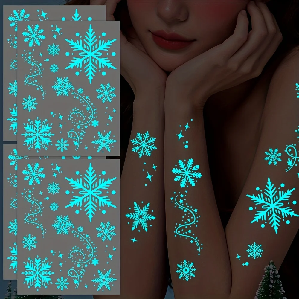4 Sheets Magic Blue Snowflake Tattoo Glow in the Dark Tatoo Christmas Body Art Waterproof Stickers for Holiday Gifts Goodie Bags