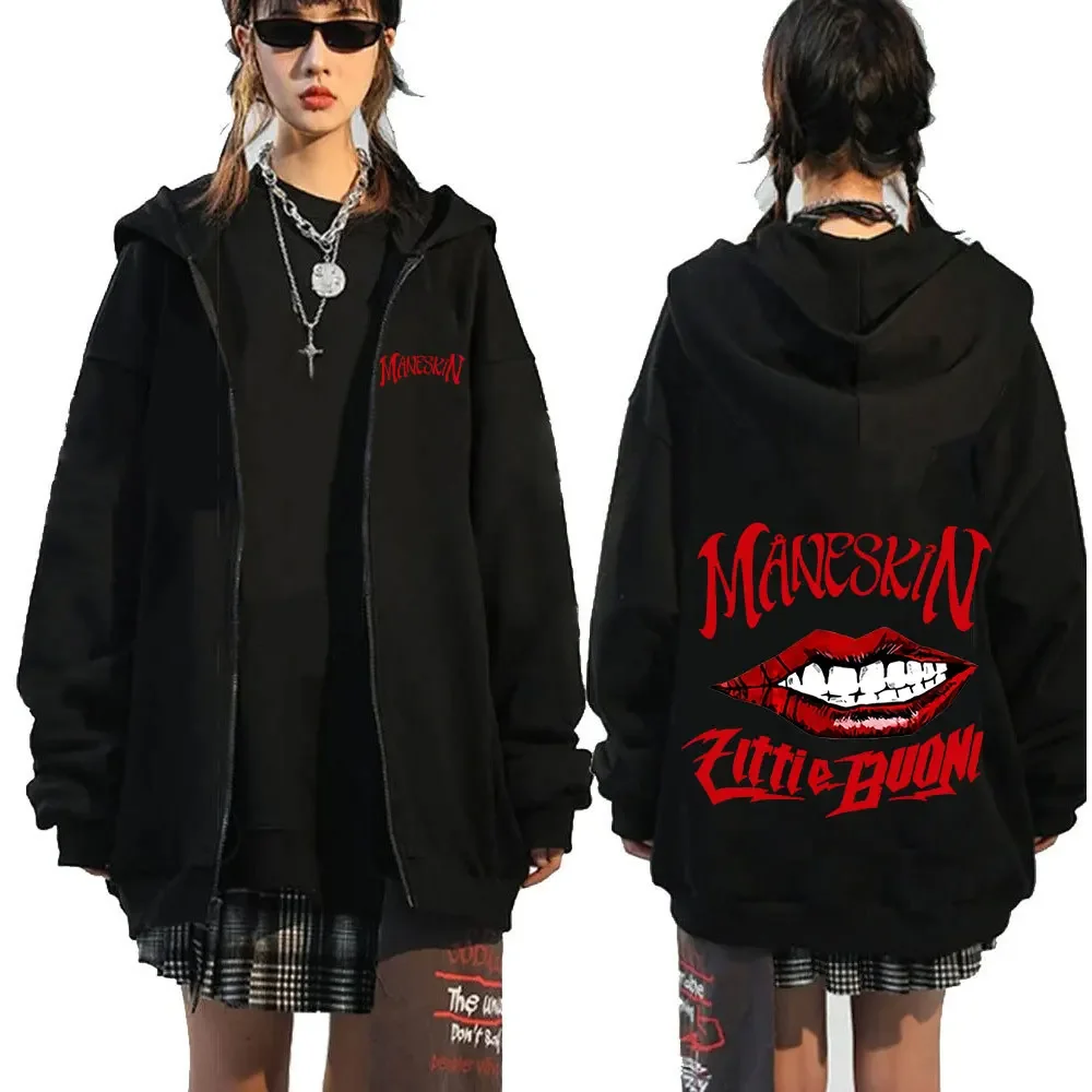 Italian Rock Band Maneskin Zipper Hoodie Men's Fashion Vintage Zip Up Hooded Sweatshirt Punk Style Oversized Jacket Outerwear