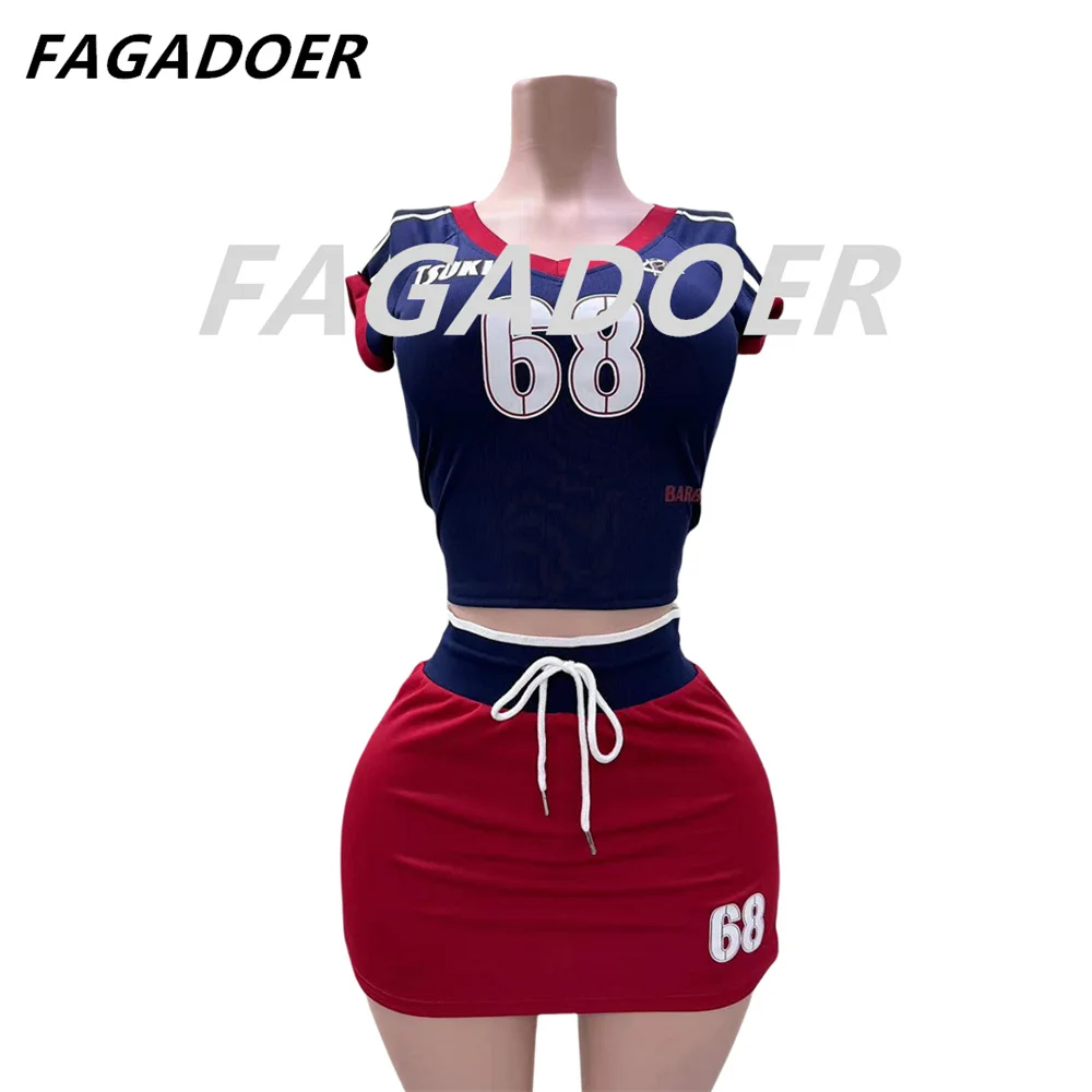 FAGADOER Letter Print 2 Piece Sets Women Outfit Y2K Streetwear Color Block  V Neck Crop Tops And High Waist Mini Skirt Suits New