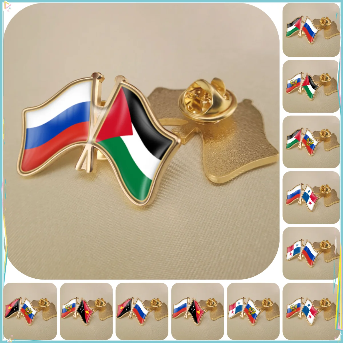 Russian Federation and Palestine Panama Papua New Guinea Double Crossed Friendship Flags Brooches Lapel Pins Badges