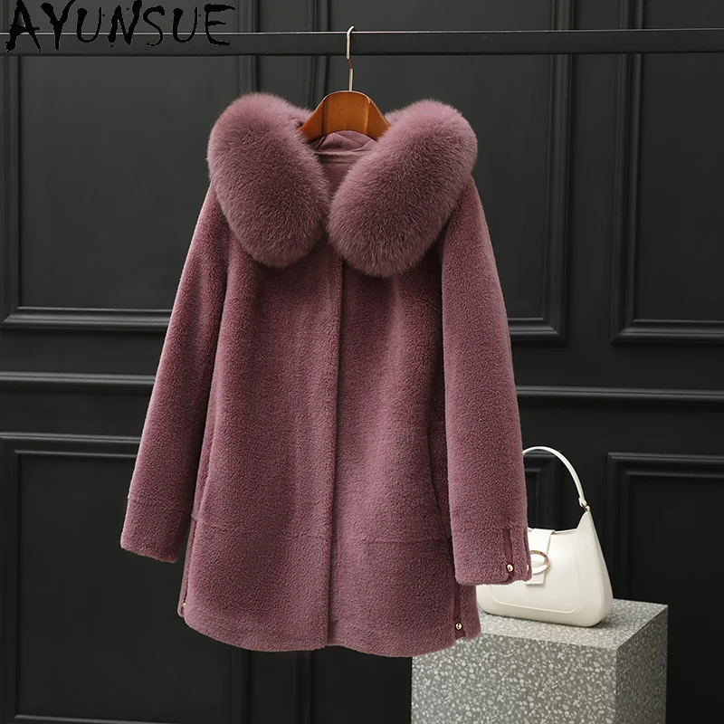AYUNSUE 100%ウールコート レディース 2025年冬服 フォックスファー襟 羊毛コート 女性用複合毛皮コート パルト ジェンソーレ フーディー