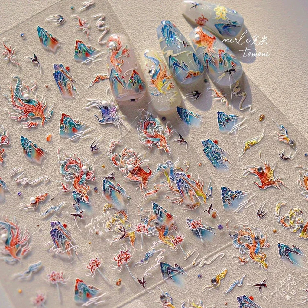 Czerwony pająk lilia motyl kwitnące kwiaty 5D naklejki do paznokci chińskie znaki feniks jaskółka samoprzylepne naklejki do Manicure