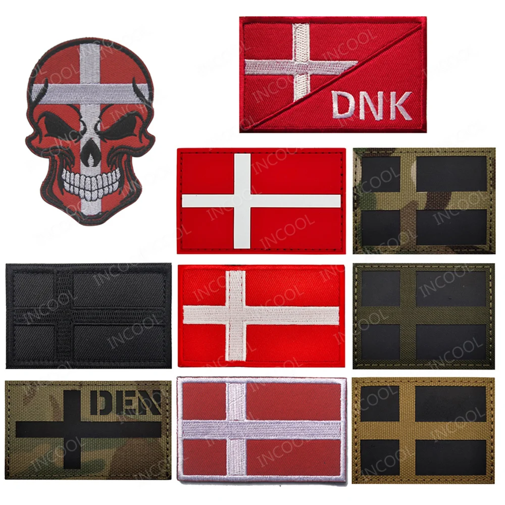 Denmark Flag IR Infrared Reflective Embroidered Patches Appliqued PVC Rubber Skull Patch For Clothing Backpack Cap