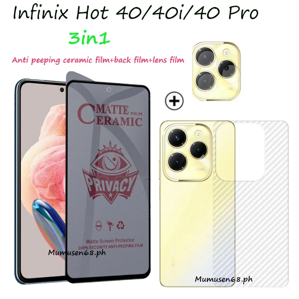 (3 en 1) para Infinix Hot 40 Anti Spy Privacy vidrio templado Infinix Hot 40i 40 Pro membrana cerámica y película trasera + película de lente