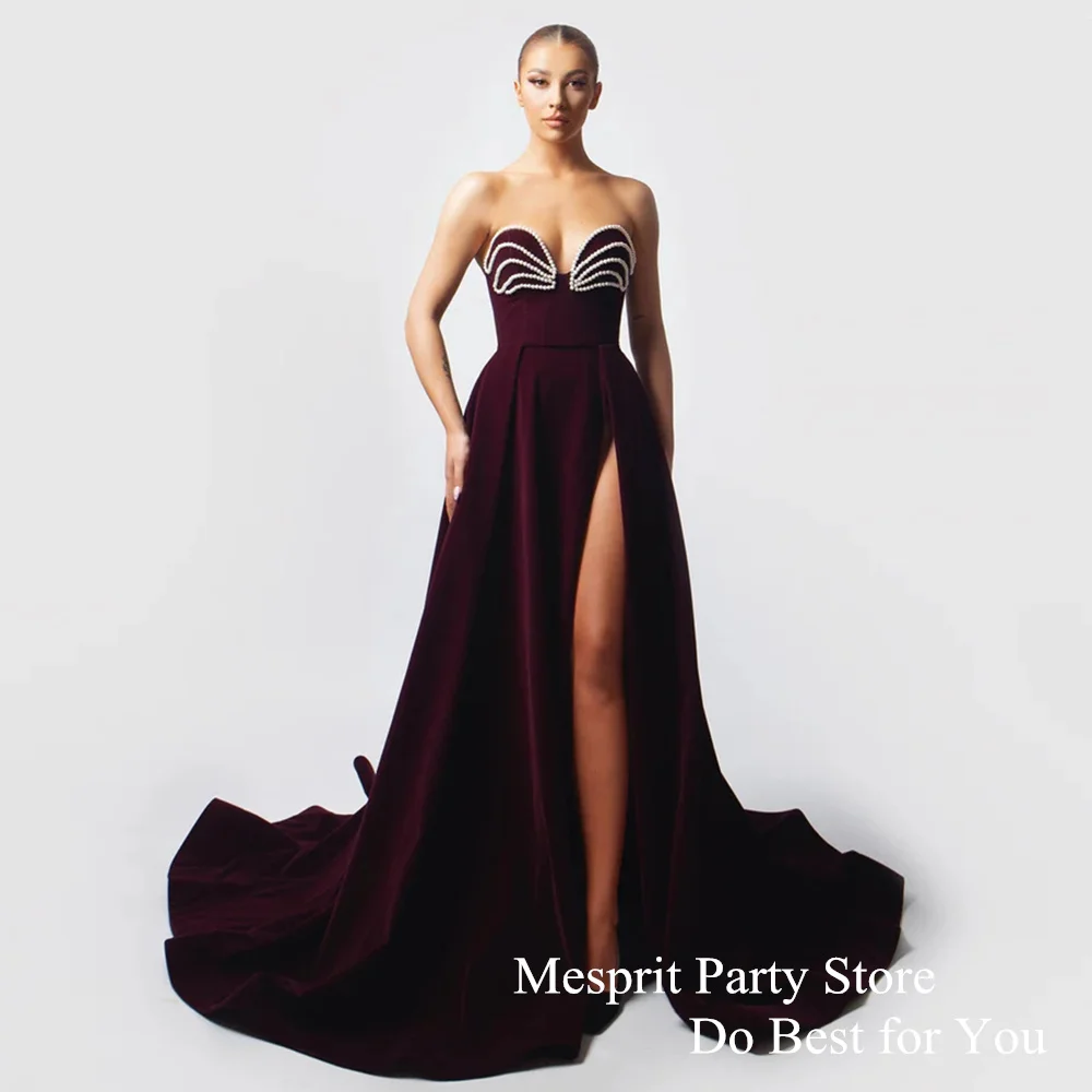 

Charming Burgundy Prom Dress Sleeveless Sweetheart Pearls Slit Court Train A Line Saudi Evening Dresses Formal Occasion Gown