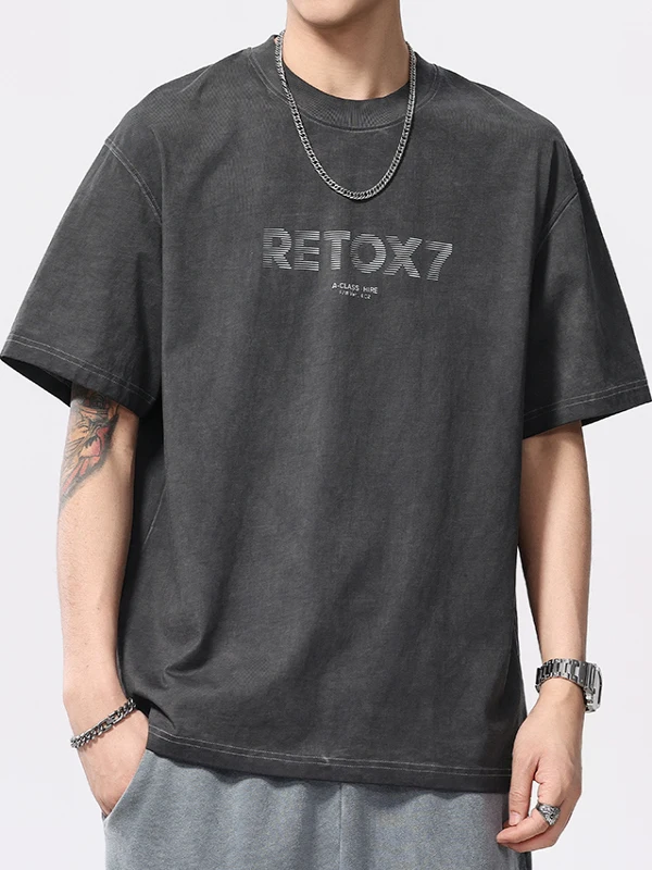 

Retro American Waed Print ort Sve T-irt Men's Loose round Ne Pure Cotton f Sve Trendy Summer Top