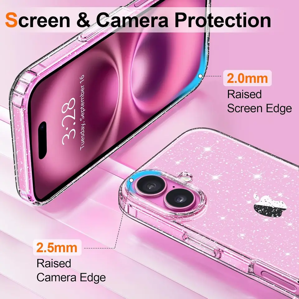 Funda transparente con brillantina para iPhone 17 Air 16 E Pro Max 16e 15 Plus 14 13 Mini 12 11 SE 2022 2020, para mujeres y niñas 3
