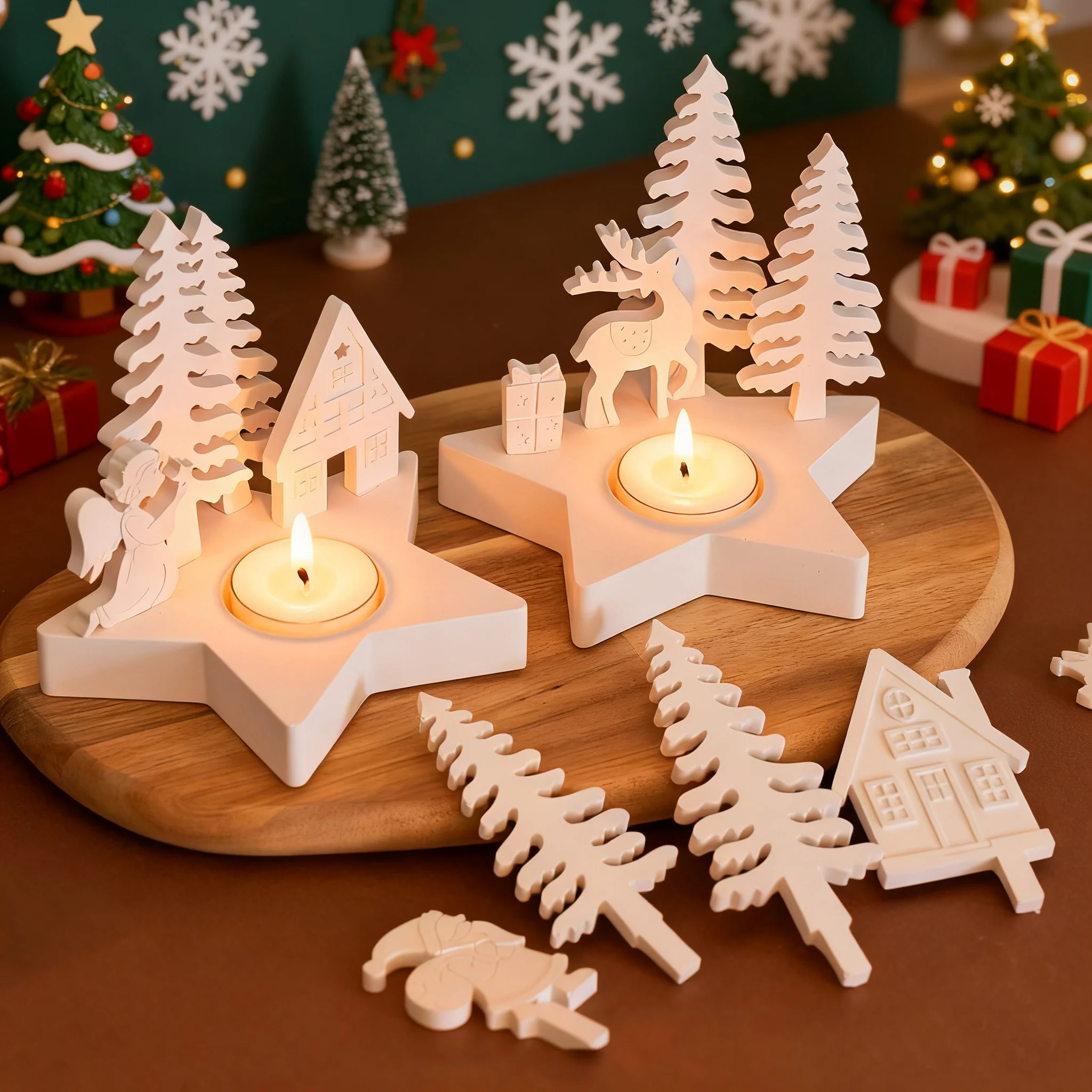 Candelabro de árbol de Navidad 3D, molde de silicona, tarjeta de Ángel de Reno, candelabro de estrella de cinco puntas, molde de yeso, soporte de vela perfumada