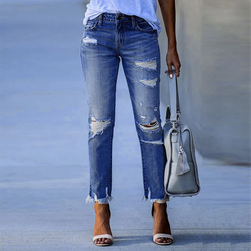 Fashion Broken Holes Tassel Straight Jeans Women's Mid-waist Button Splicing Denim Pants Ladies Trend Streetwear Casual Trousers