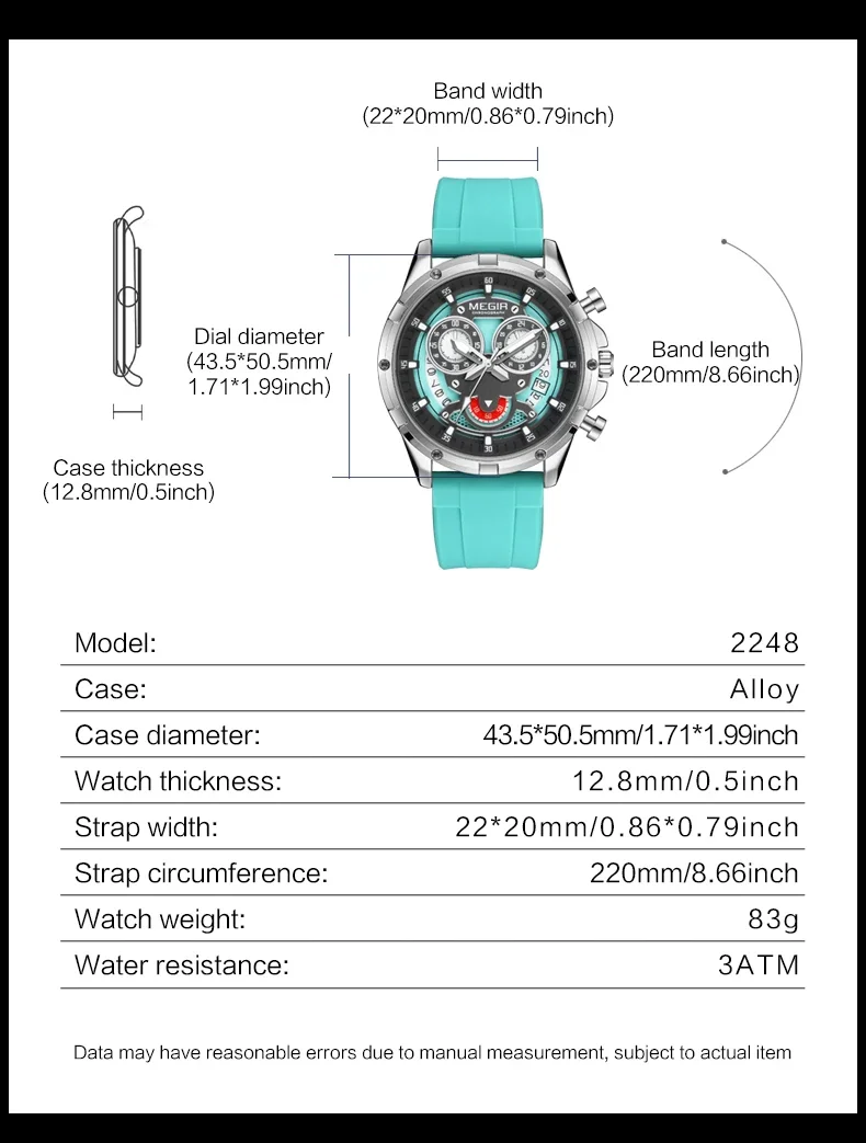 Silicone Strap Military Quartz Chronograph Waterproof Luminous Wristwatch 24-hour AutoDate Reloj Hombre Megir 2248 Romantic Gift