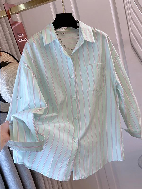 

Loose Fit Korean Sle Striped Sun Protection irt Thin Outerwear Casual irt Lightweight Cardigan Daily Wear Women's irt