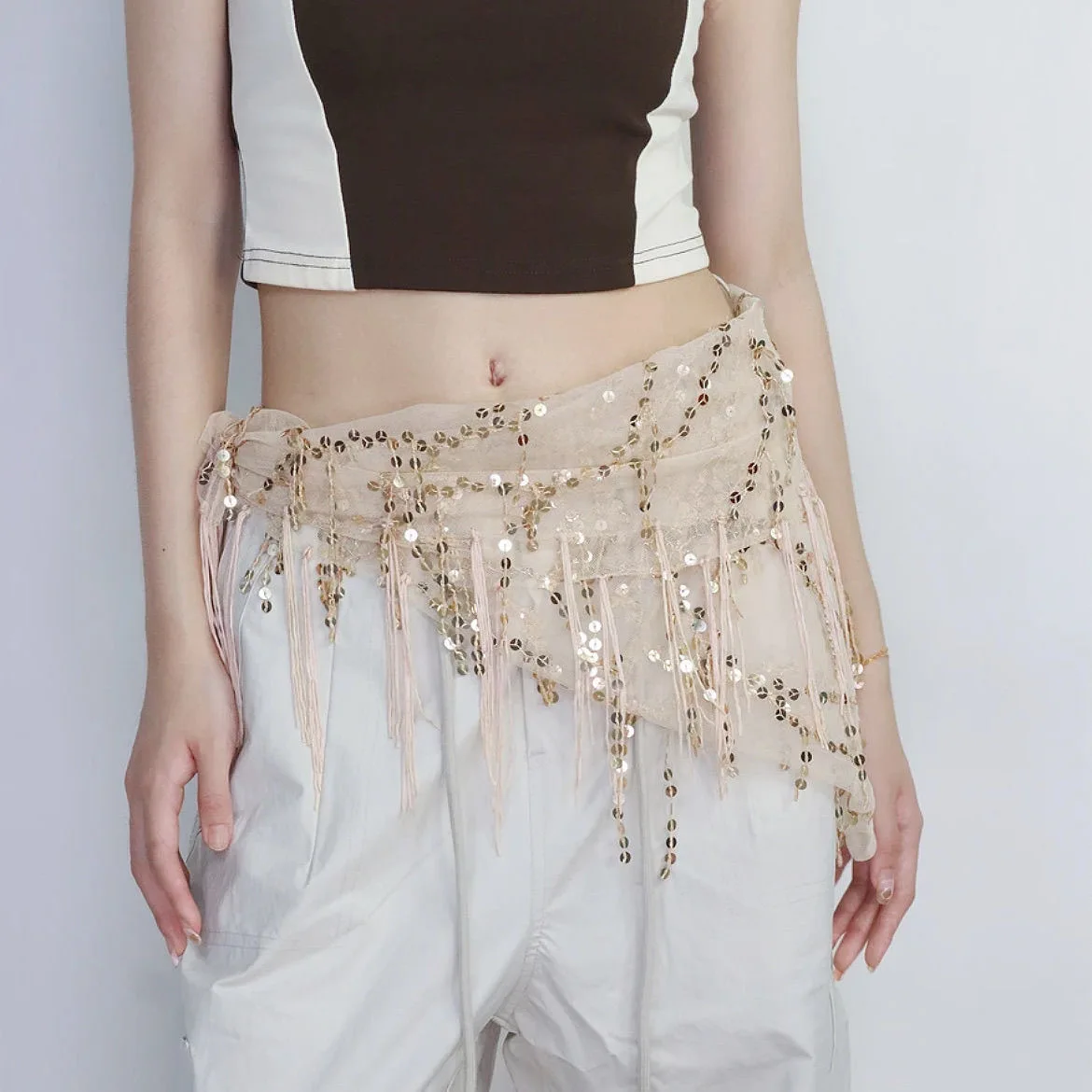Viral TikTok Dance Hip Scarf Jazz Streetwear Sequined Waist Chain Versatile Triangle Fringe Wrap Sparkling Dance Accessory
